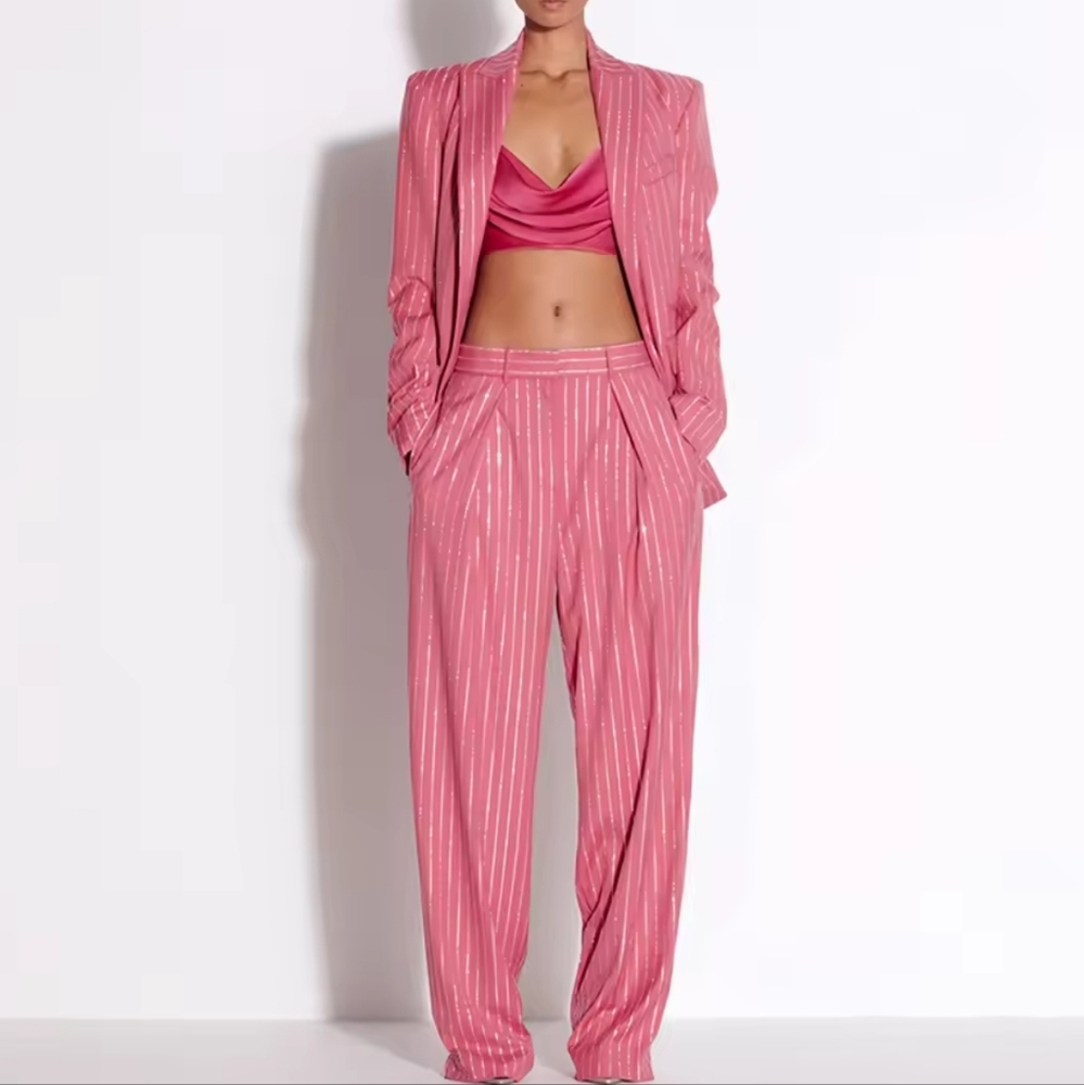 Striped Elegant Two Piece Set For Women Notched Collar Blazer High Waist Wide - Picture 1 of 8
